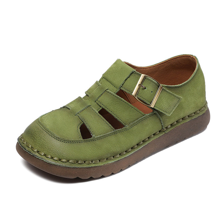 Damen Stilvoller Offener Zeh Leder Sandalen mit Verstellbarem Schnallen Drune