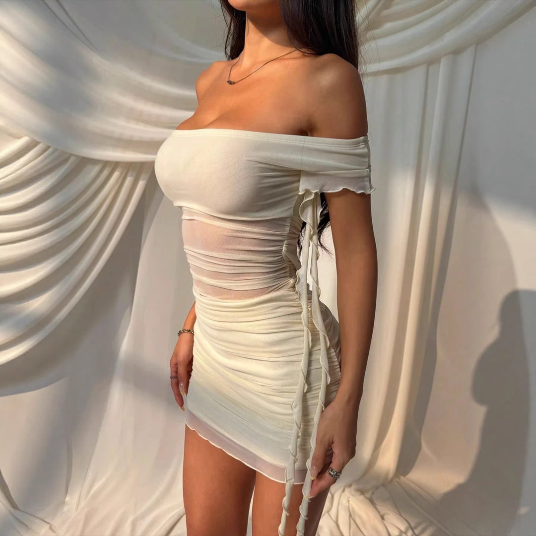 Damen Off-Shoulder Minikleid mit raffinierten Drapierungsdetails und verspielten Schnürungen Drune