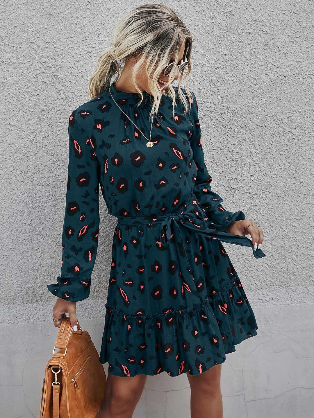 Damen Florale Rüschens Mini Kleid Drune