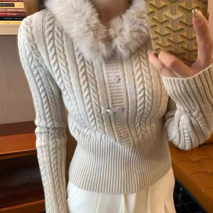 Damen Strickpullover mit luxuriösem Fellkragen und eleganten Knopfdetails Drune