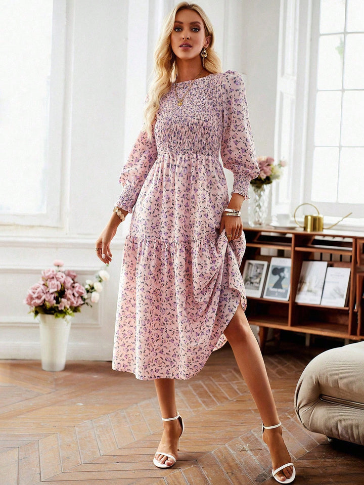 Damen florales Midi-Kleid mit geraffter Taille und langen Ärmeln Drune