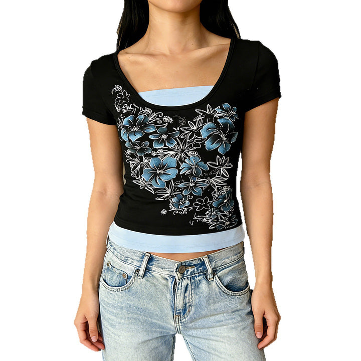 Damen T-Shirt mit floralem Druck und figurbetonendem Schnitt Drune