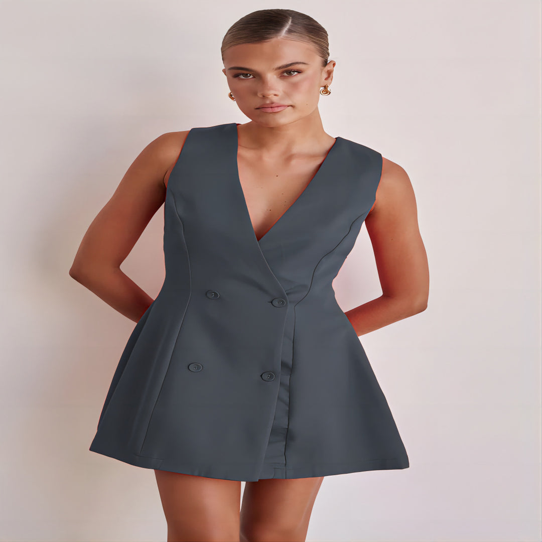 Damen Wendekleid mit tiefem V-Ausschnitt und doppelter Knopfleiste Drune