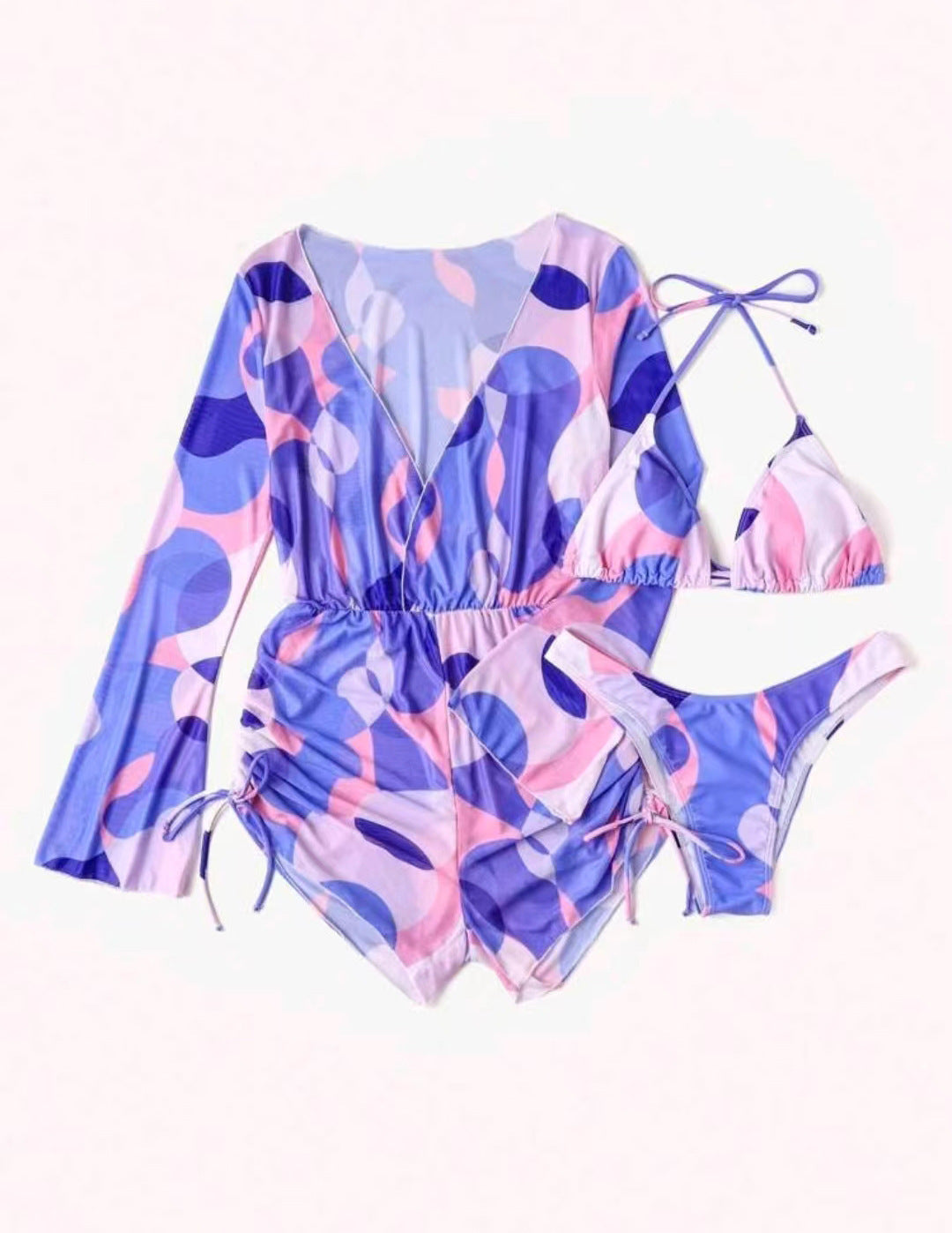 Damen Strand-Outfit mit langärmliger Überbluse und Bikini Drune