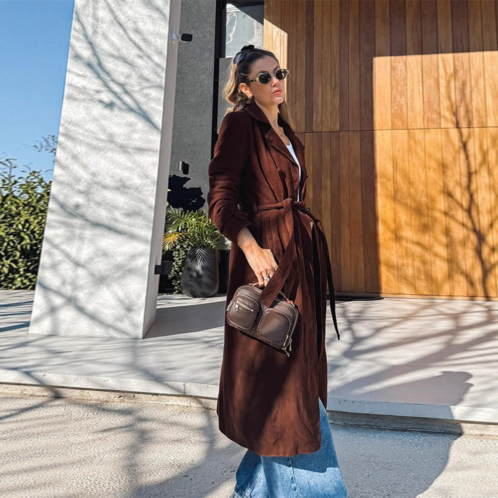 Damen Elegante Langzeit-Trenchcoat aus weichem Wildleder Drune