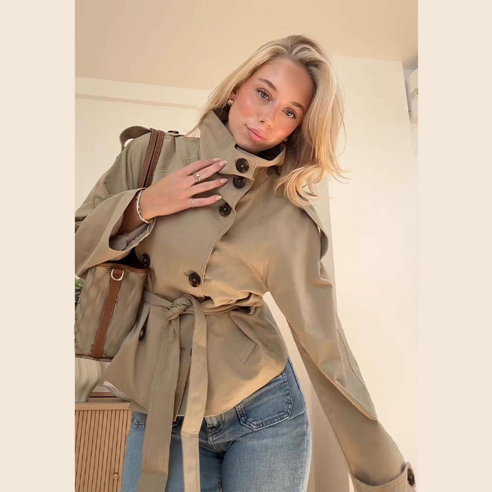 Damen stylische Übergangsjacke mit hohem Kragen und Taillengürtel Drune