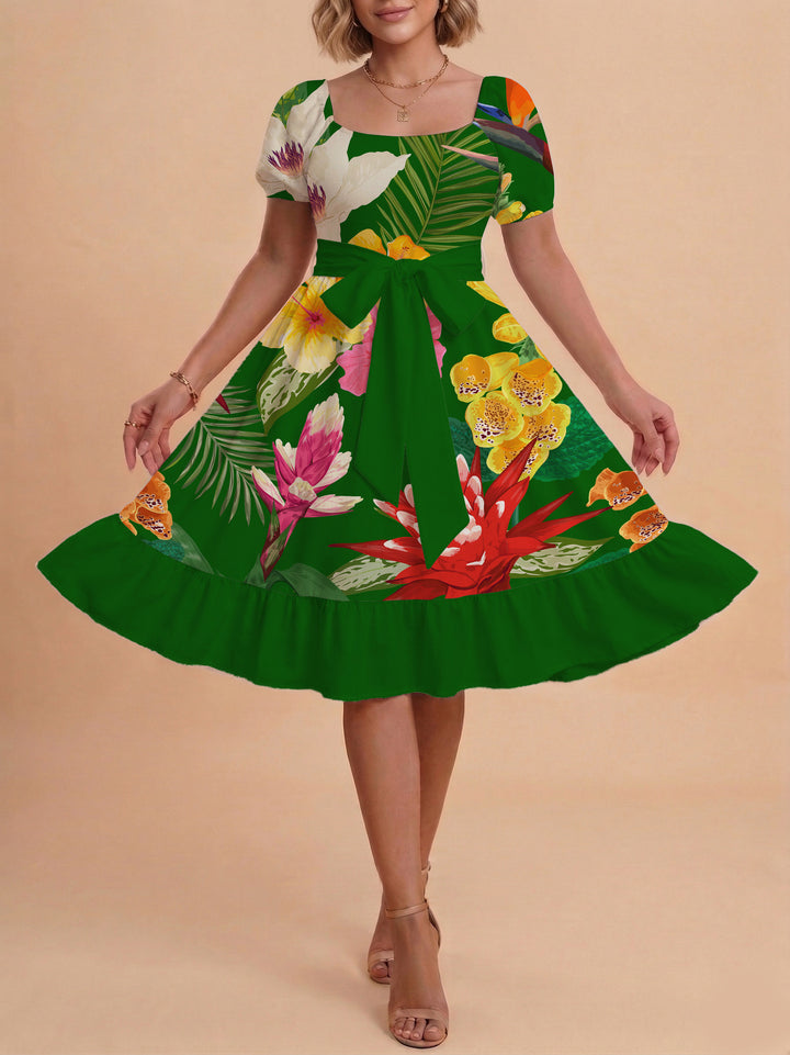 Damen modernes Blumenkleid mit elegantem Taillengürtel und asymmetrischem Saum Drune