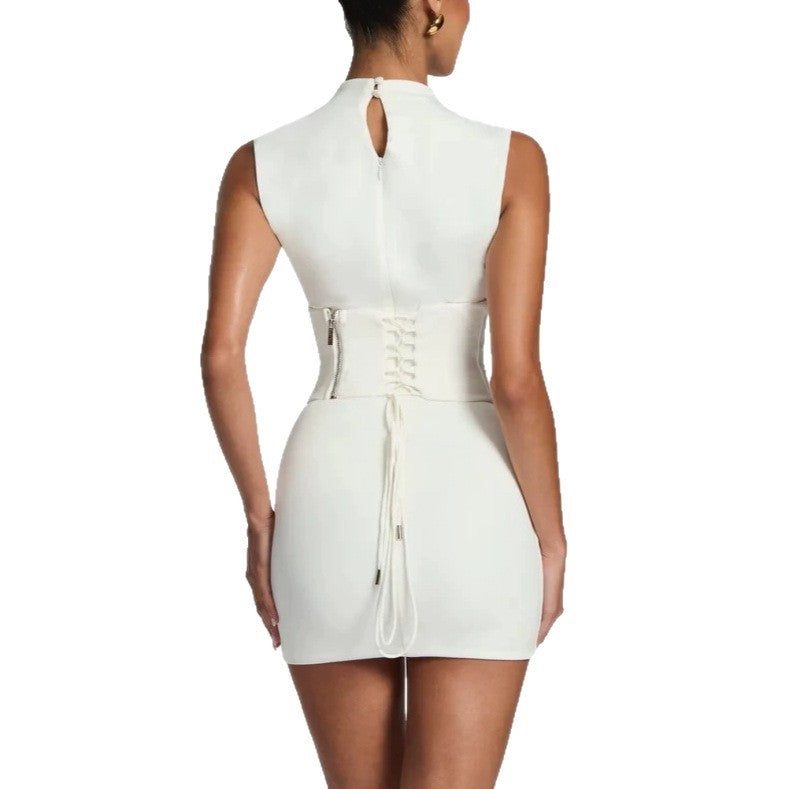 Damen Enganliegendes Stretch-Minikleid mit hohem Kragen Drune