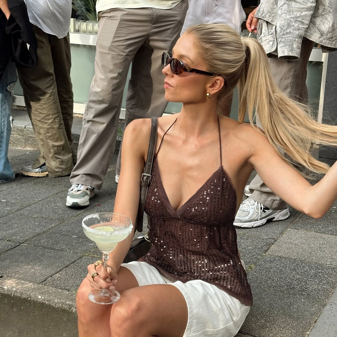 Damen schickes Top mit funkelnden Pailletten und verstellbarem Träger Drune