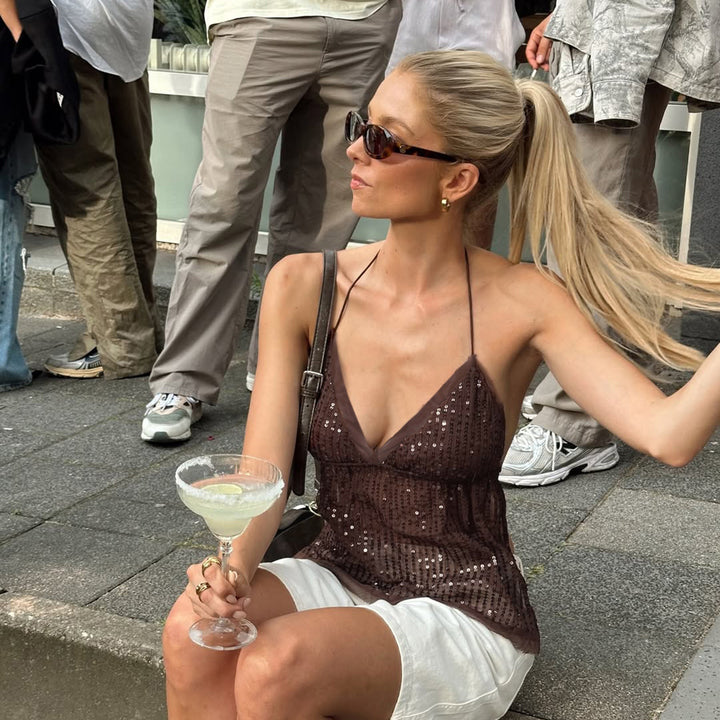 Damen schickes Top mit funkelnden Pailletten und verstellbarem Träger Drune