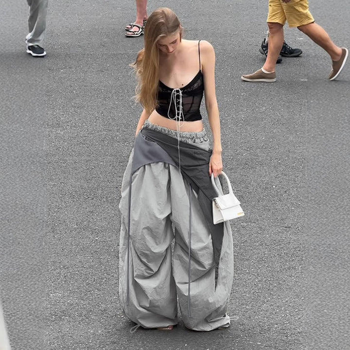 Damen modische High-Waist-Hose mit asymmetrischem Design und seitlichem Bindegurt Drune