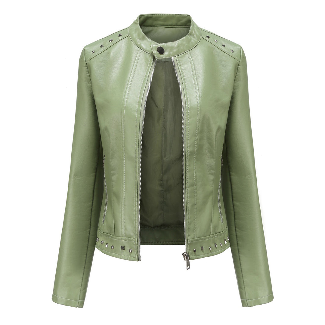 Damen nan kurze taillierte Kunstlederjacke mit Stehkragen Zwei-Wege-Reißverschluss und Ziernietensaum Drune
