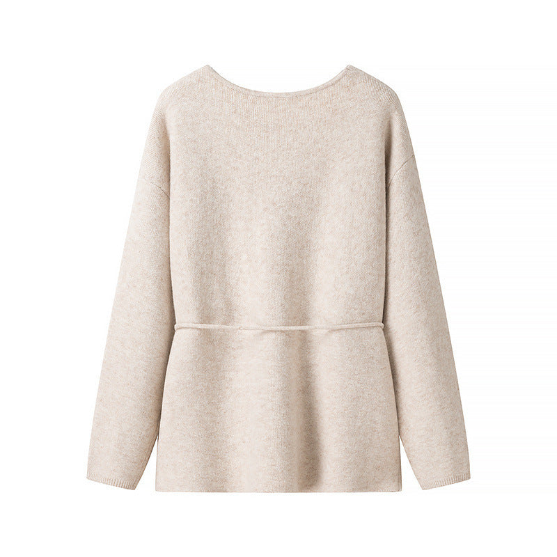 Damen lockere Strickjacke mit Taillenschnürung und weitem V-Ausschnitt Drune