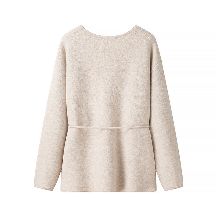 Damen lockere Strickjacke mit Taillenschnürung und weitem V-Ausschnitt Drune