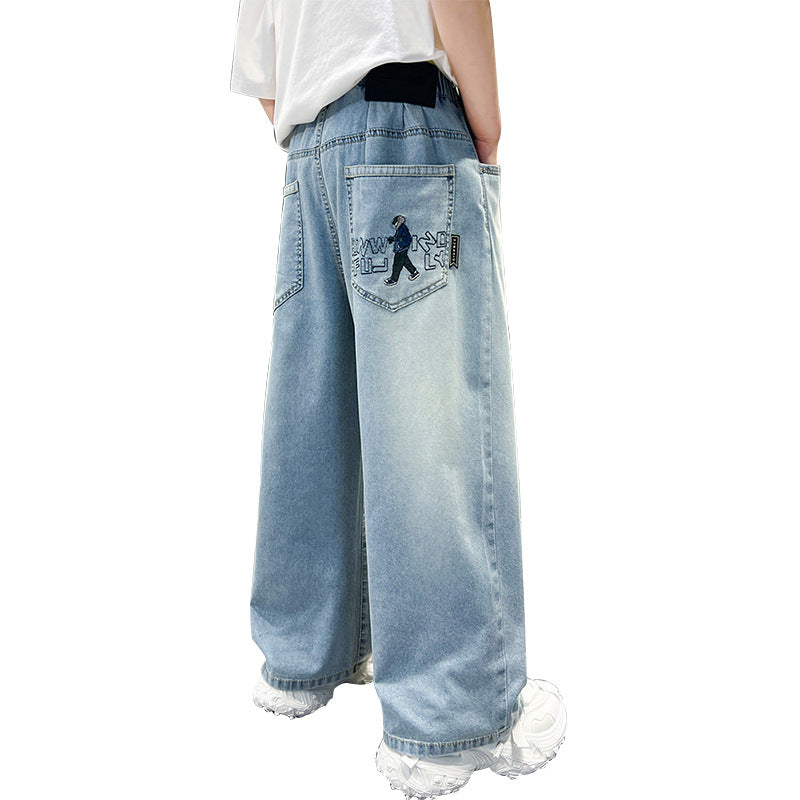 Unisex Weit geschnittene Denim-Hose mit kreativem Stickdesign Drune