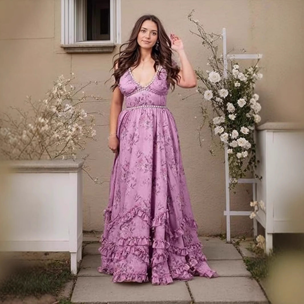 Damen Maxikleid mit raffinierten Rüschen und schimmerndem Stoff Drune