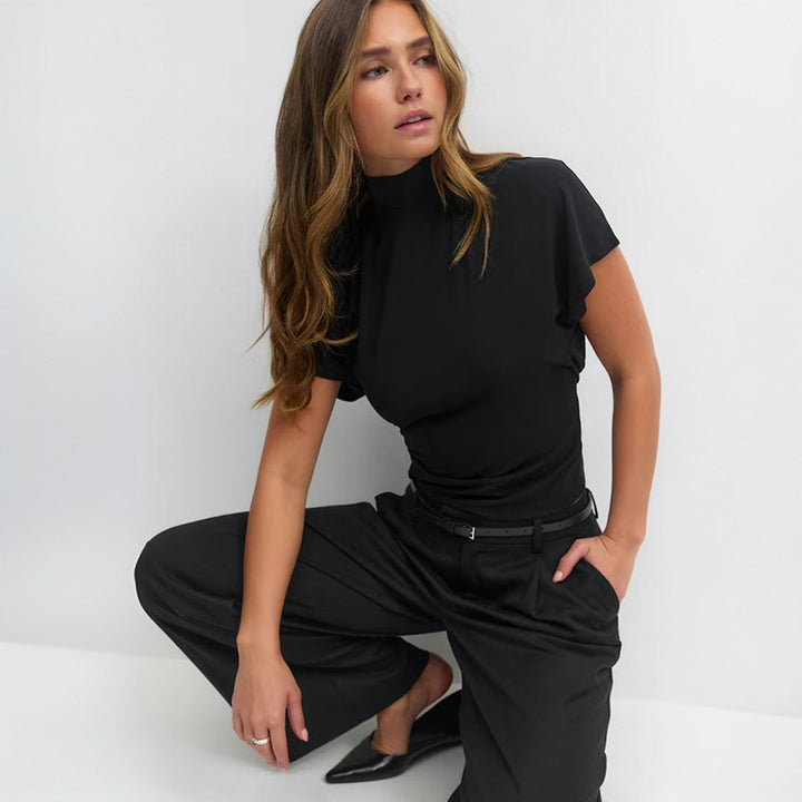 Damen Cropped Oberteil mit hochgeschlossenem Kragen und voluminösen Ärmeln Drune