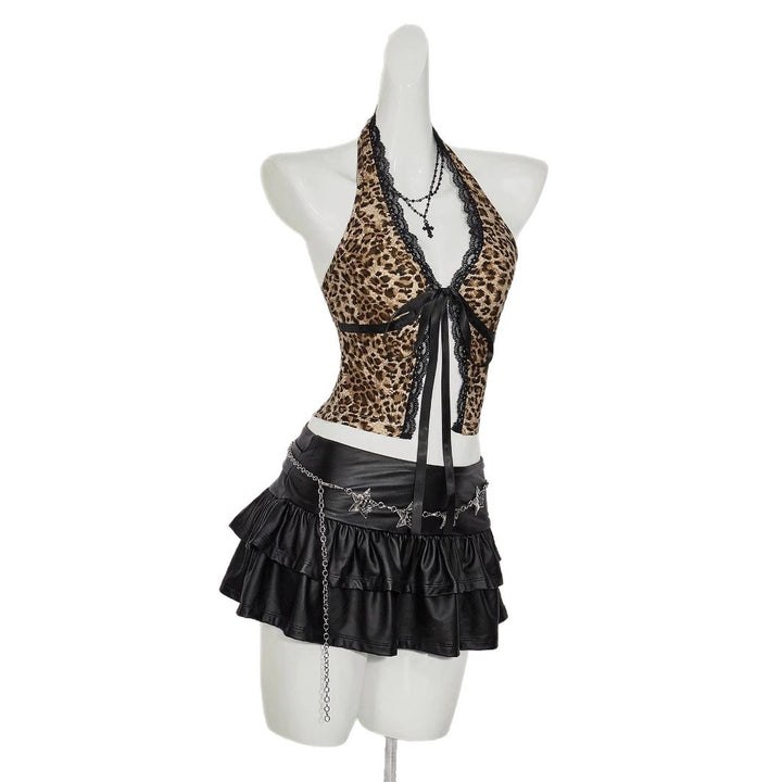 Damen Haltertop mit Spitzenverzierungen und Leopardenmuster Drune