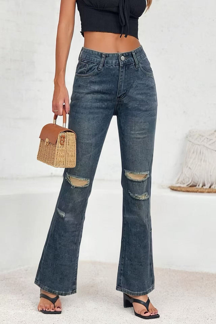 Damen nan High‑Waist Schlagjeans mit Distressed-Kniepartie und strukturierter Denim-Optik Drune