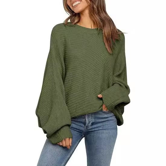 Damen lässiger Strickpullover mit weitem Schnitt und exquisitem Rippenmuster Drune