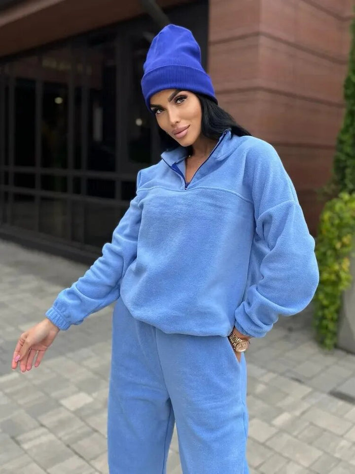 Damen Kuscheliges Fleece-Loungewear-Set mit Halb-Reißverschluss und elastischem Bund Drune