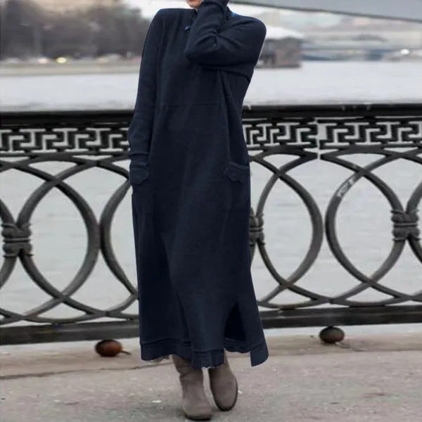 Damen nan langes Strickmaxikleid mit Seitenschlitzen und aufgesetzten Taschen Drune
