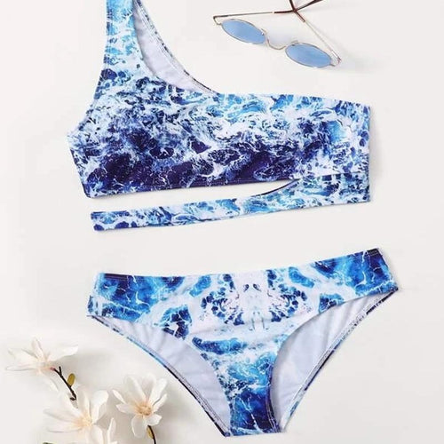 Damen Sport-Bikini mit asymmetrischem Schnitt und modischem Wasser-Motiv Drune