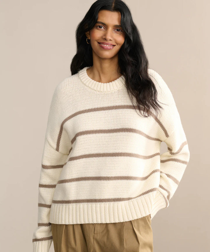 Damen lässiger Strickpullover mit breiten Streifen und Rundhalsausschnitt Drune