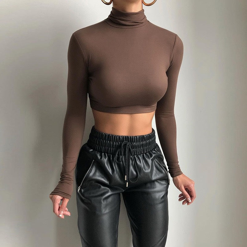 Damen Hochwertiges langärmliges Crop-Top mit Stehkragen Drune