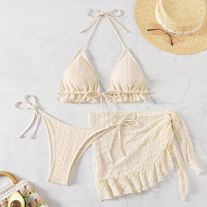 Damen Triangel-Bikini mit verspieltem Rüschendesign und passendem Wickelrock Drune