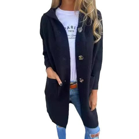 Damen Strickjacke mit Kapuze und Knöpfen Drune