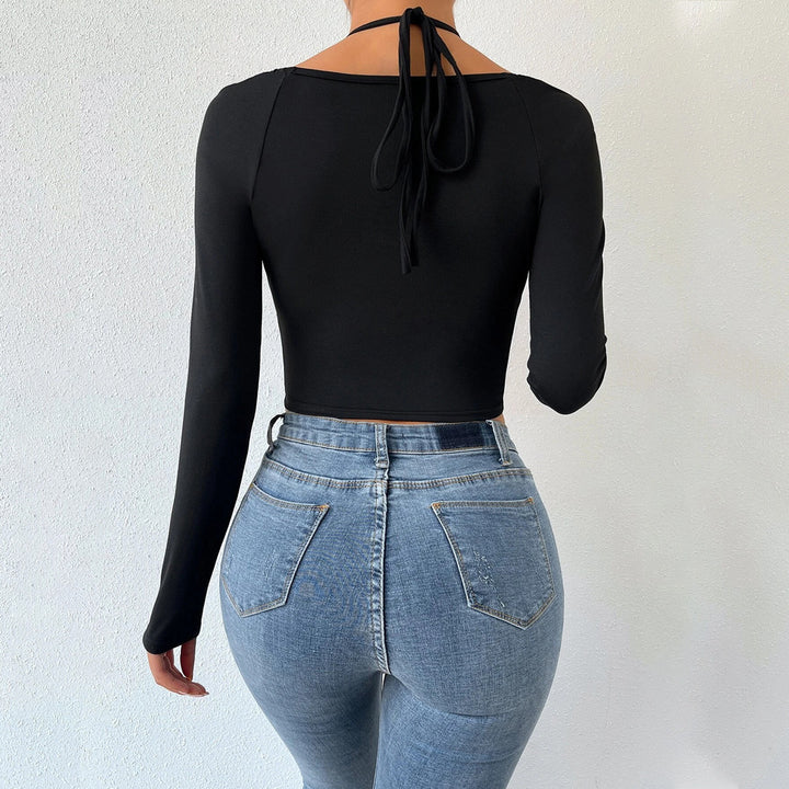Damen Langarm-Crop-Top mit modischem Kreuzdesign und Raffung Drune