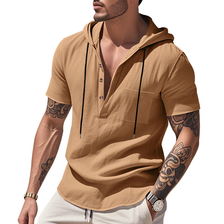 Herren Kurzarm-Henley-Hemd mit Kapuze und Knopfleiste Drune