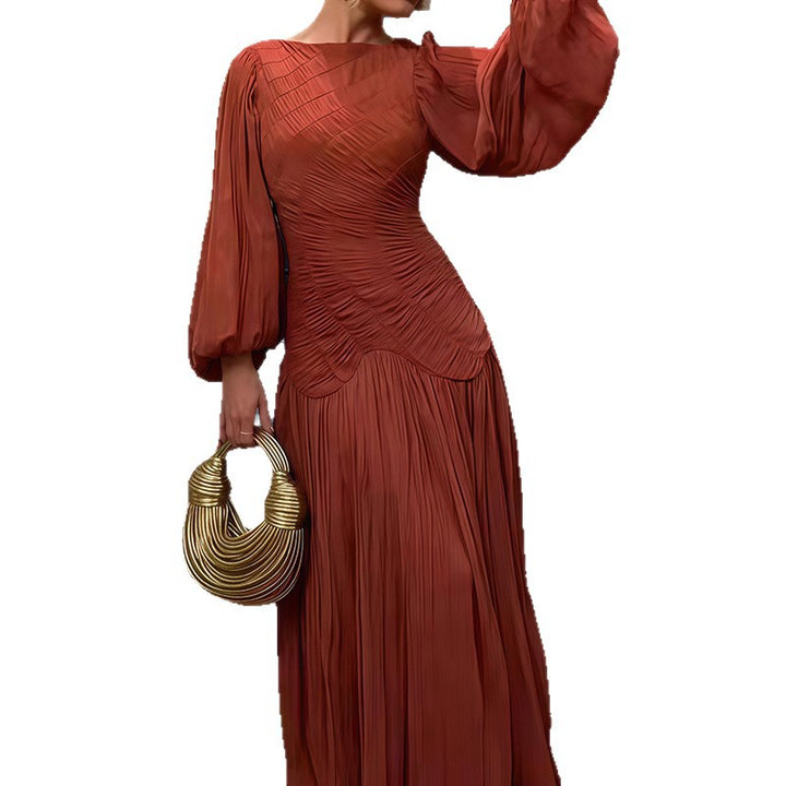Damen Elegantes Plissiertes Maxikleid mit Raffungen und langen Ärmeln Drune
