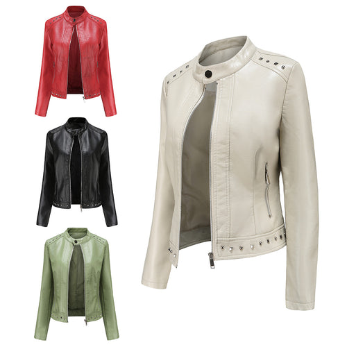 Damen nan kurze taillierte Kunstlederjacke mit Stehkragen Zwei-Wege-Reißverschluss und Ziernietensaum Drune