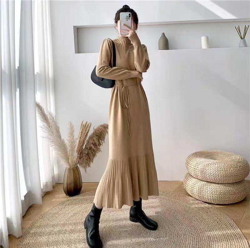 Damen Strickkleid mit Rippstruktur und Taillengürtel Drune
