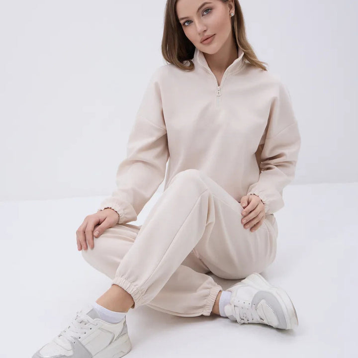 Damen lässiger Fleece-Jogginganzug mit halbem Reißverschluss und elastischen Bündchen Drune