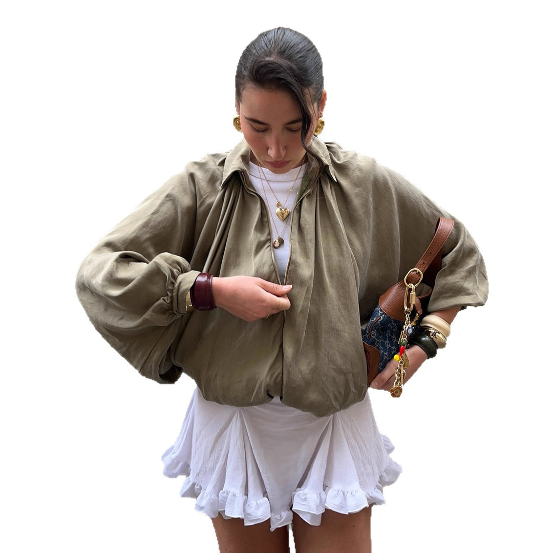 Damen lässige Blousonjacke mit voluminösen Ärmeln und hohem Kragen Drune