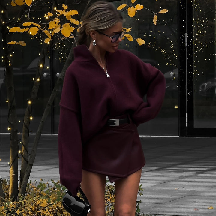 Damen Oversized Knitted Pullover mit halbem Reißverschluss Drune