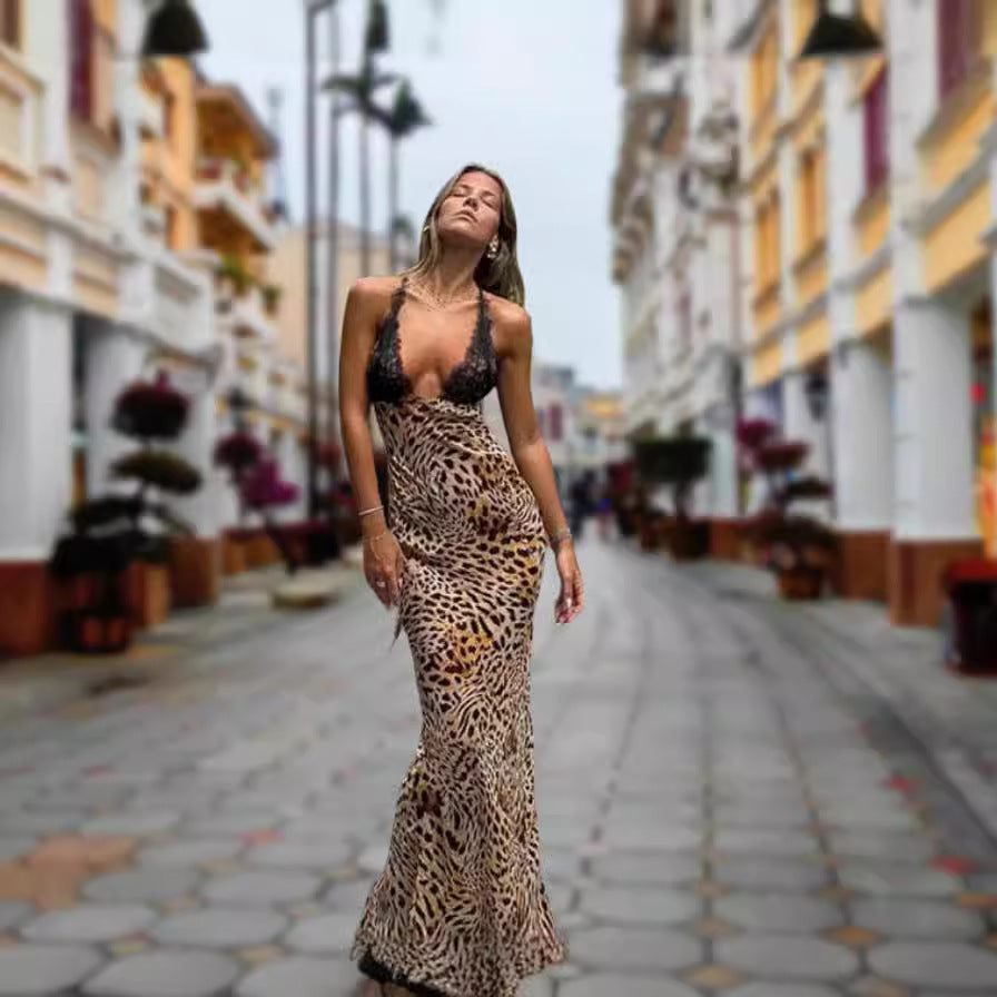 Damen Elegantes Maxikleid mit Leopardenmuster und tiefem Ausschnitt Drune