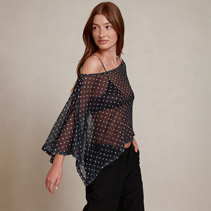 Damen transparentes Oberteil mit asymmetrischem Schnitt und Polka-Dots Drune