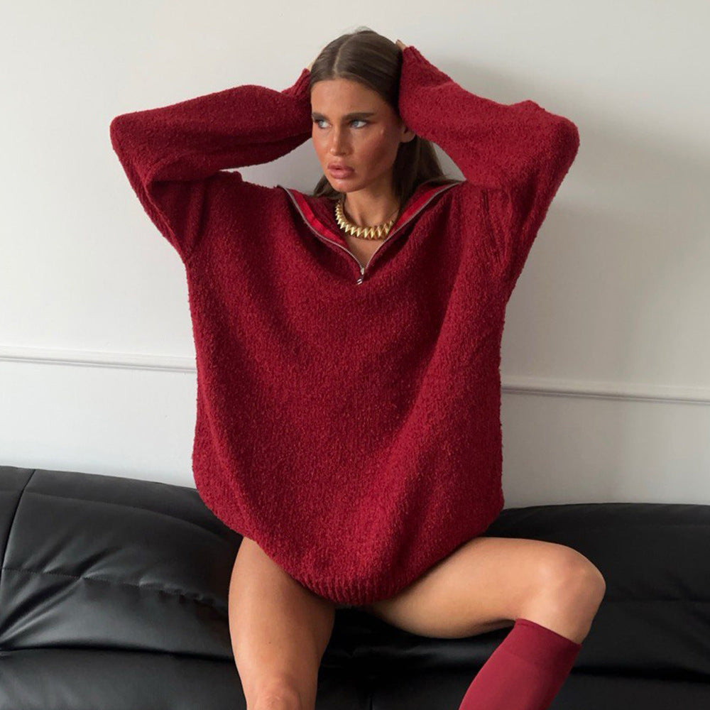 Damen Oversized Fleece-Pullover mit hohem Kragen und Reißverschluss Drune