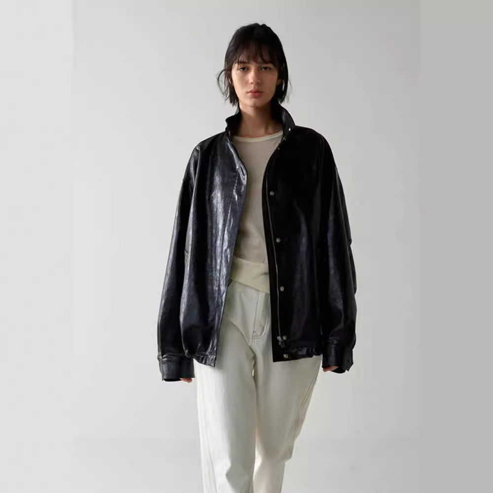 Damen modische Oversized-Lederjacke mit hohem Kragen und Druckknopfverschluss Drune