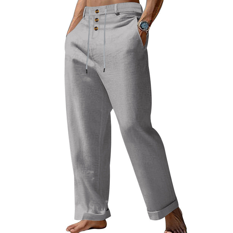 Herren lässige Leinenhose mit praktischen Knöpfen und elastischem Bund Drune