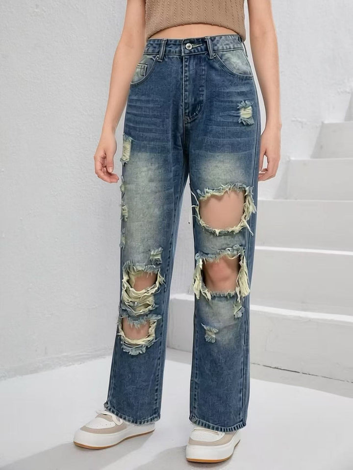 Damen lässige Destroyed Jeans mit weitem Bein und trendigen Rissdetails Drune