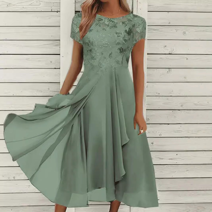 Damen nan fließendes Chiffon-Midikleid mit blumenbesticktem Oberteil und asymmetrischem Stufenrock Drune