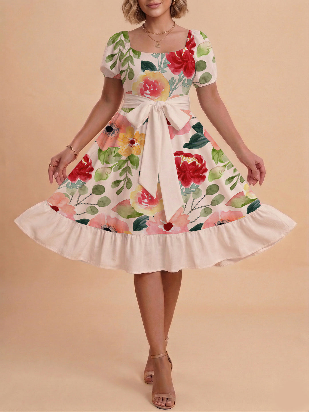 Damen A-Linien-Kleid mit floralen Motiven und taillierbarem Gürtel Drune