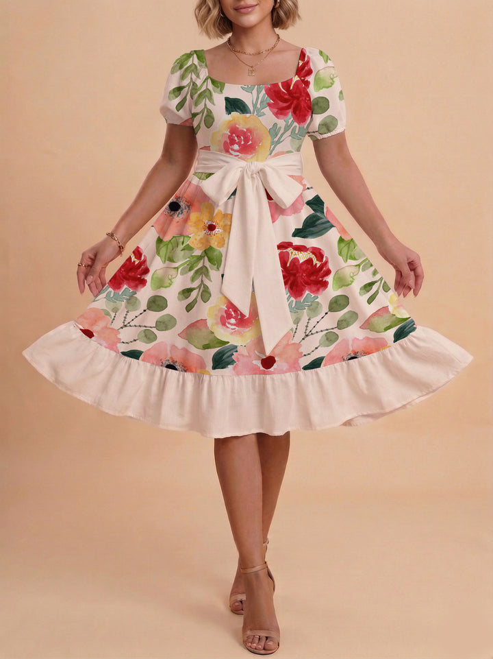 Damen A-Linien-Kleid mit floralen Motiven und taillierbarem Gürtel Drune