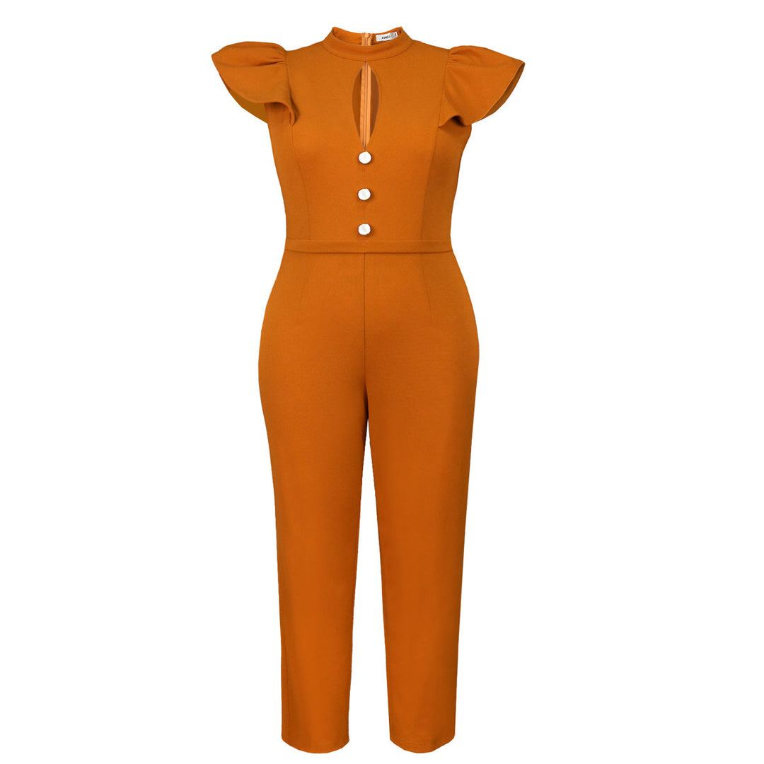 Damen eleganter Jumpsuit mit Rüschärmeln und dekorativen Knöpfen Drune