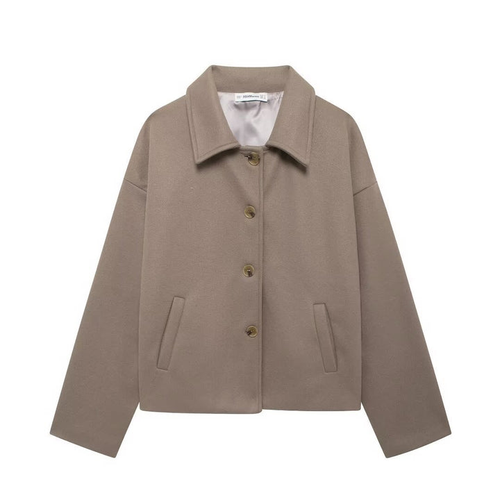 Damen schicke Blousonjacke aus weichem Stoff mit Knopfverschluss und Taschen Drune